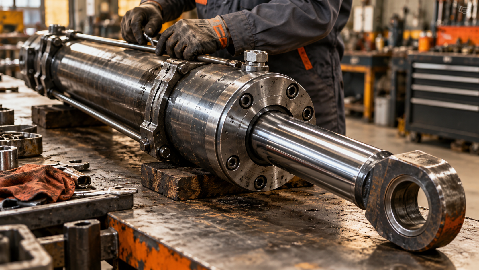 AI-generated illustration of a hydraulic cylinder on a workshop bench